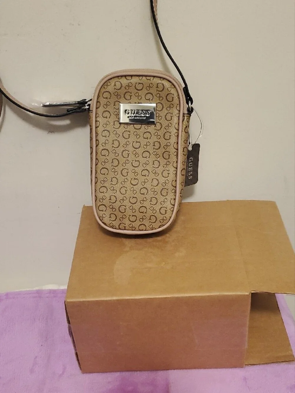 GUESS Beige Monogram Phone Crossbody with Pale Nude Trim
